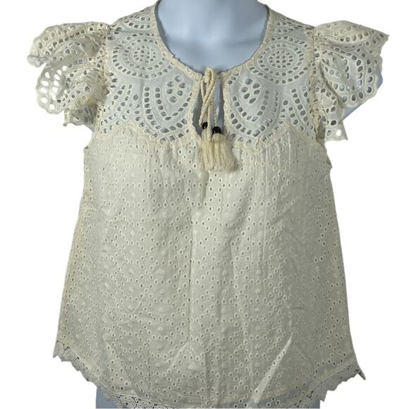 Jennifer & Grace NWT Antique White Eyelet Boho Flutter Sleeve Blouse Small - Picture 2 of 15